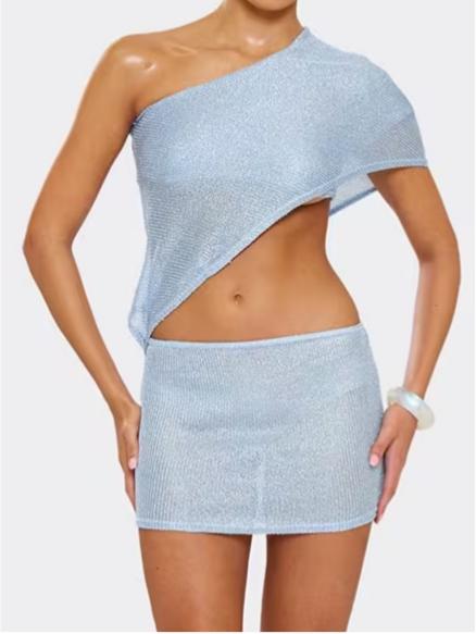 Off The Shoulder Cut Out Side Detail Mini Dress In Blue Glitter