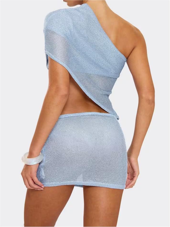 Off The Shoulder Cut Out Side Detail Mini Dress In Blue Glitter