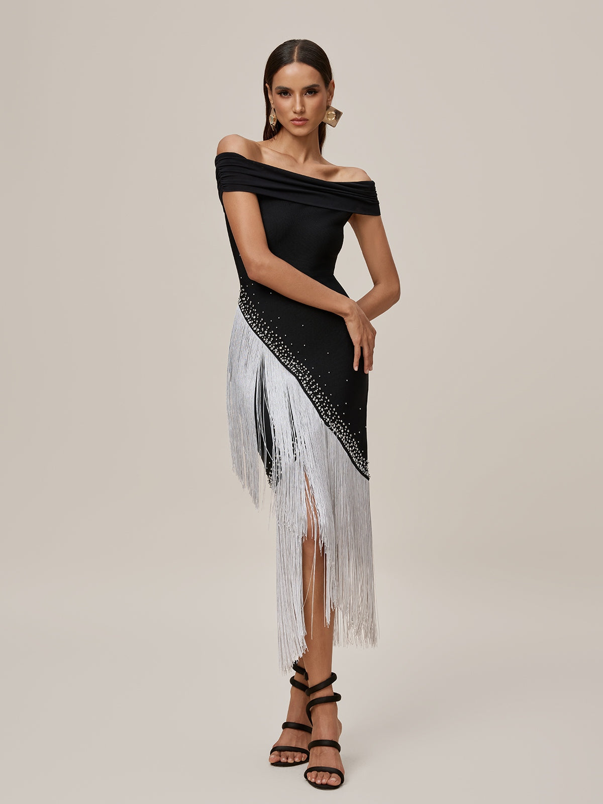Onatah Off Shoulder Fringe Bandage Midi Dress