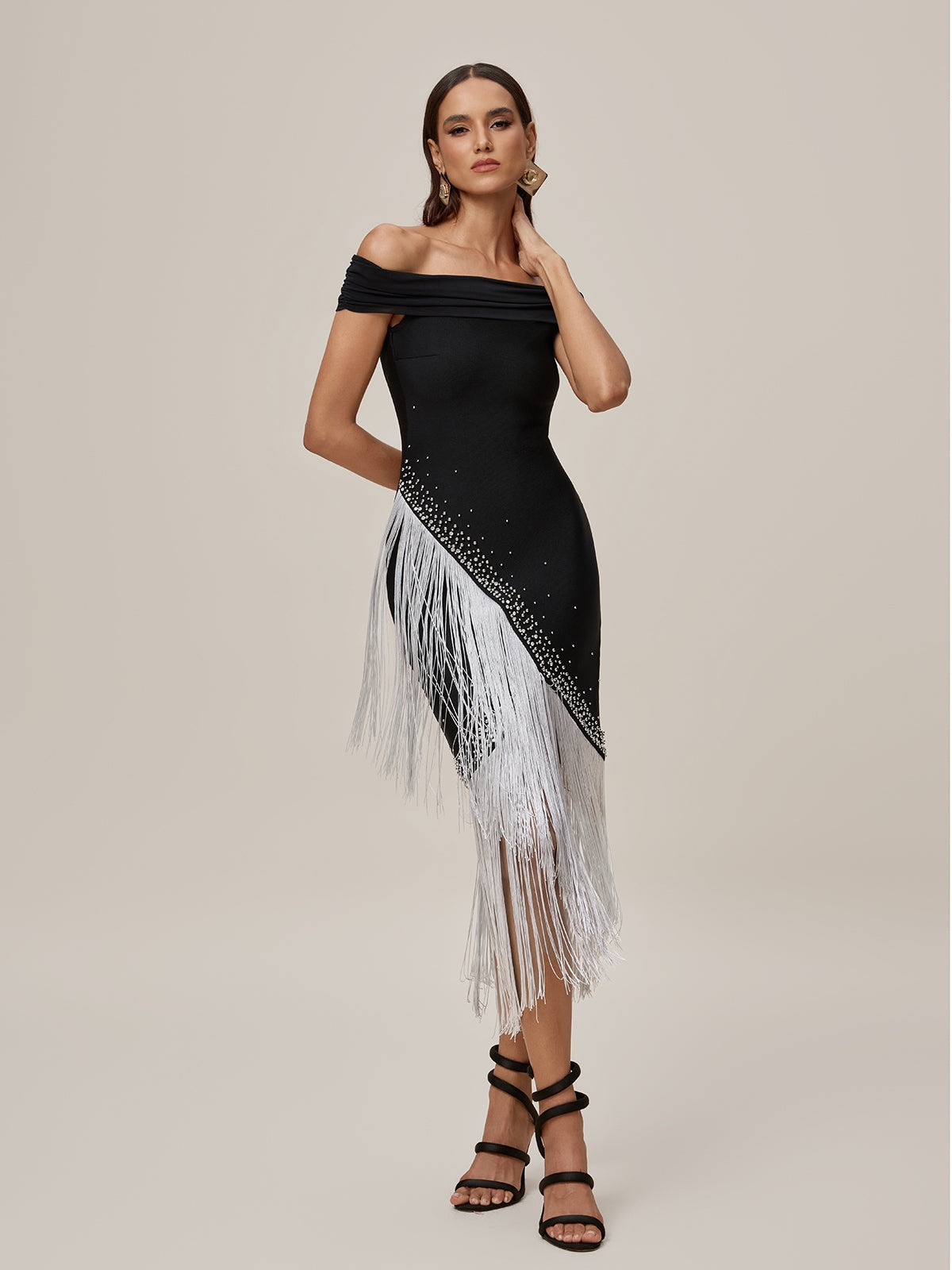 Onatah Off Shoulder Fringe Bandage Midi Dress