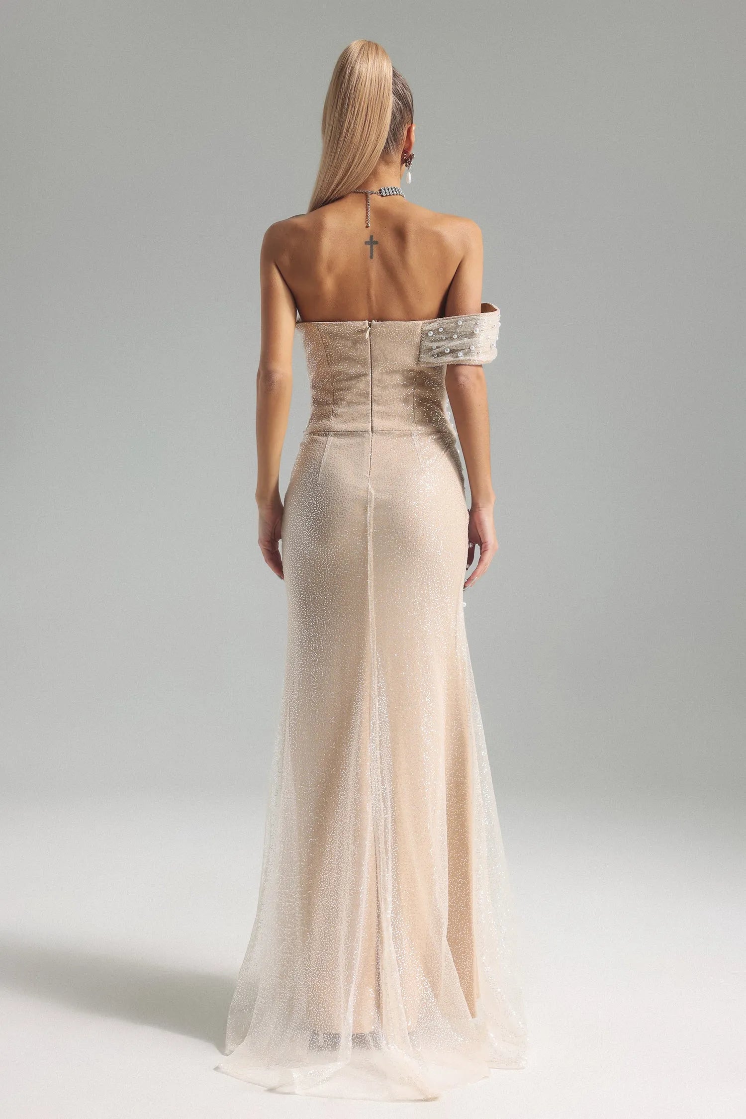 Patsy Strapless Pearl Mesh Maxi Dress