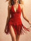 Fringe Halter Design Faux Suede Women’s Boho Mini Dress