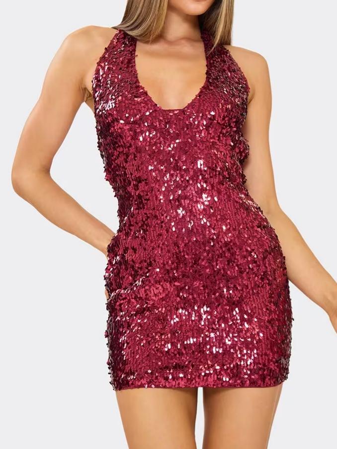 Plunge Halterneck Fitted Mini Dress In Burgundy Sequin
