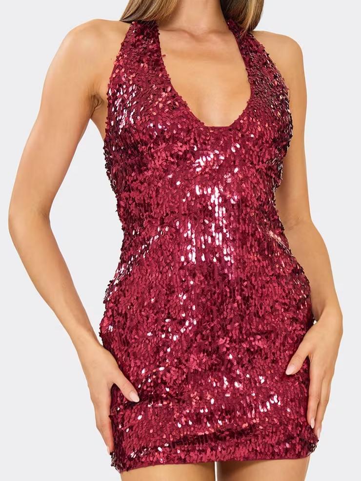 Plunge Halterneck Fitted Mini Dress In Burgundy Sequin