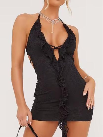 Plunge Halterneck Frill Detail Mini Bodycon Dress