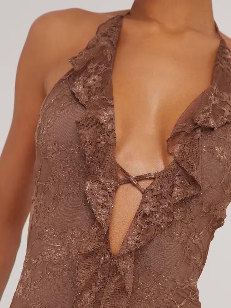 Plunge Halterneck Frill Detail Mini Bodycon Dress