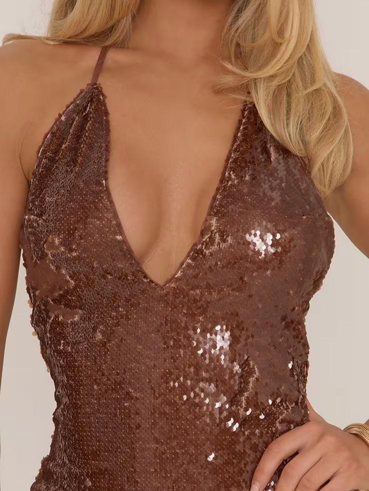 Plunge Neck Mini Bodycon Dress In Brown Sequin