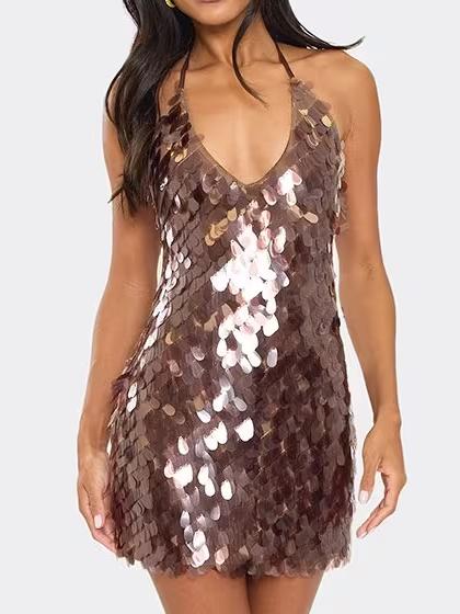 Plunge Neck Mini Dress In Brown Disc Sequin