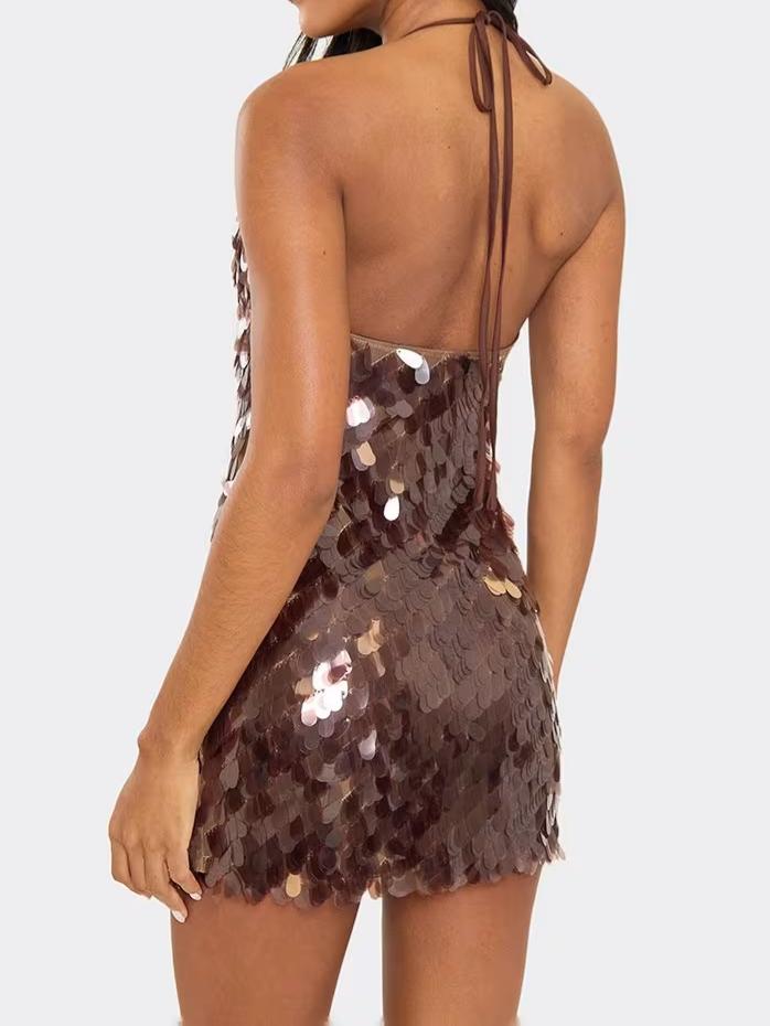 Plunge Neck Mini Dress In Brown Disc Sequin