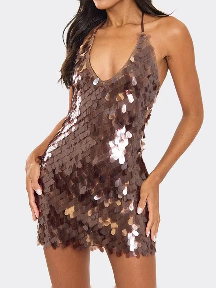 Plunge Neck Mini Dress In Brown Disc Sequin