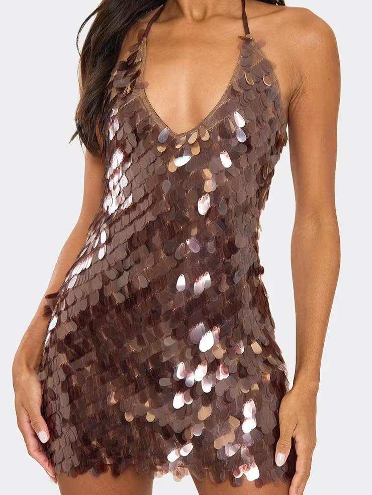 Plunge Neck Mini Dress In Brown Disc Sequin