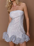 White Mini Polka Dot Frill Hem Bandeau Mini Dress