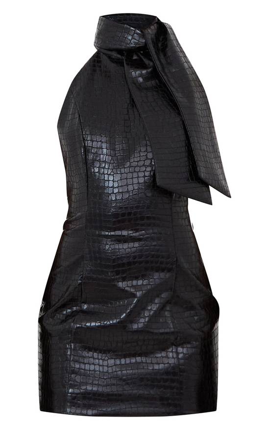 Black Croc PU Bow Detail Bodycon Dress