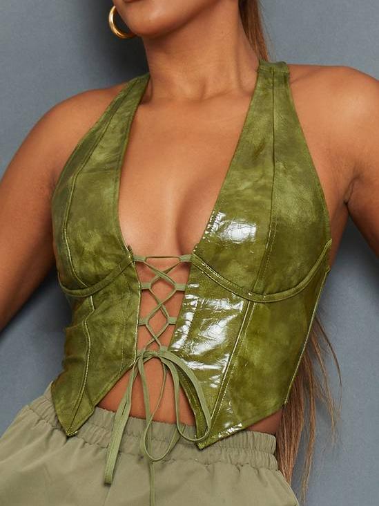 Olive Washed Faux Leather Lace Up Plunge Halterneck Top