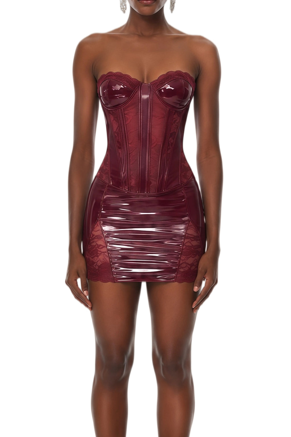 Afra Red Lace Panel Leather Mini Dress