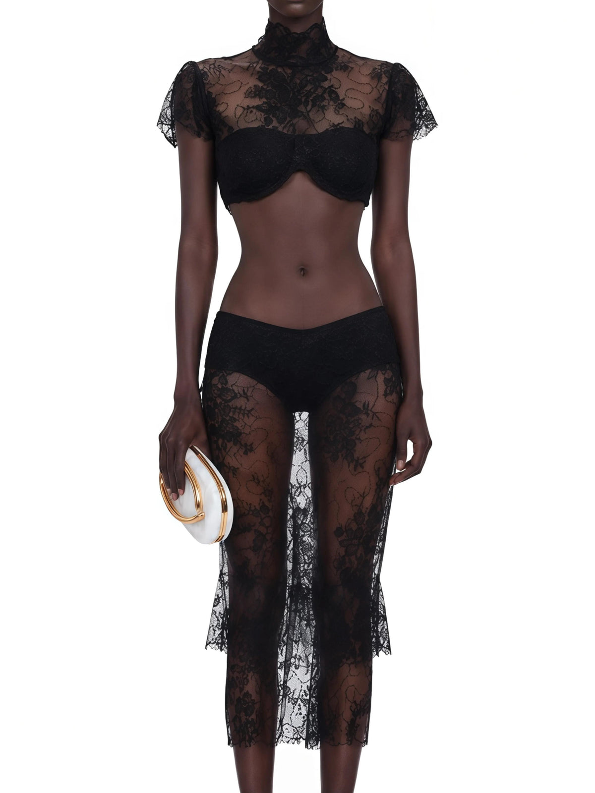 Bree Black Turtleneck Lace Top & Skirt Set