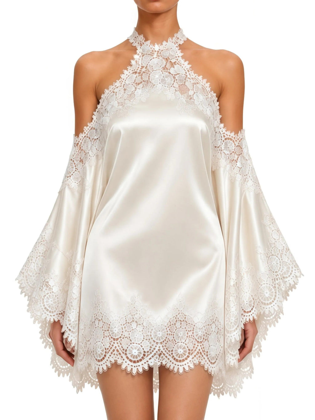 Coralie White Satin Lace Halter Mini Dress