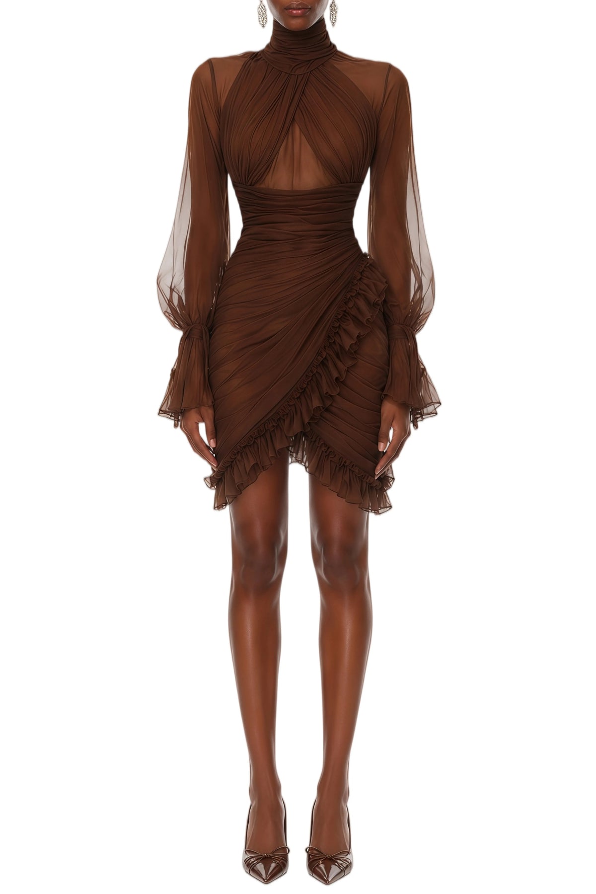 Maelys Brown Asymmetrical Ruched Mini Dress