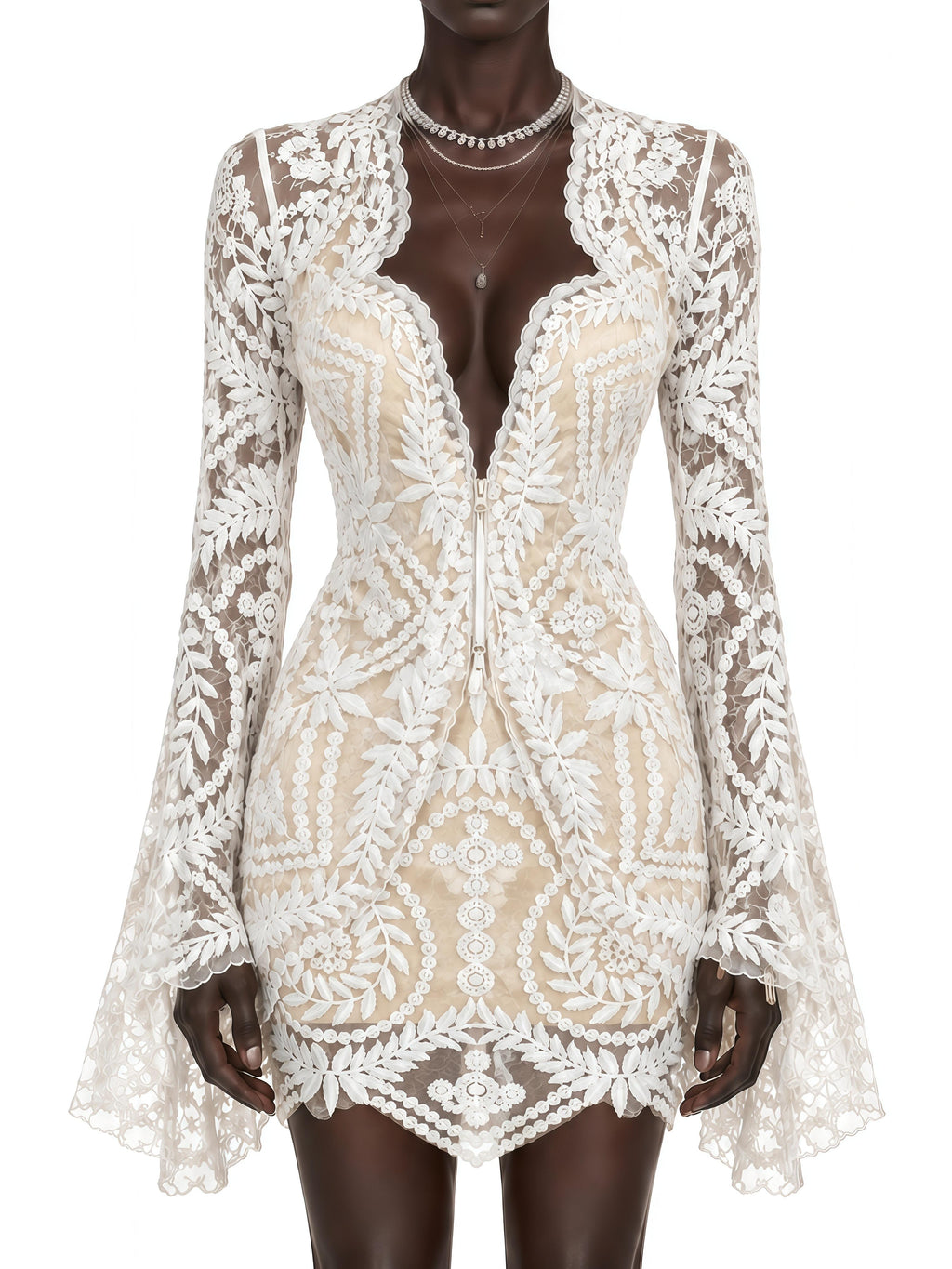 Emanuela White Lace Bell Sleeve Mini Dress