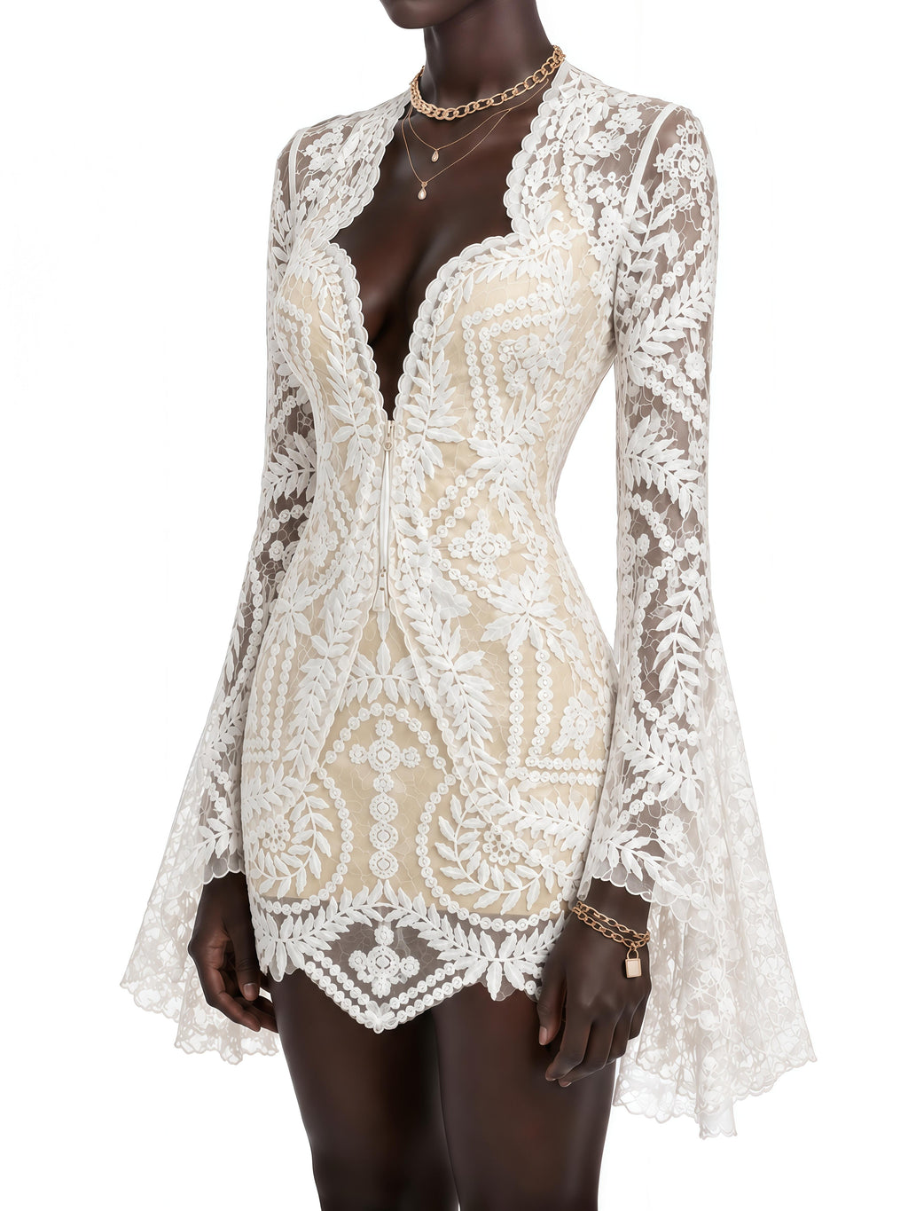 Emanuela White Lace Bell Sleeve Mini Dress