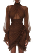 Maelys Brown Asymmetrical Ruched Mini Dress