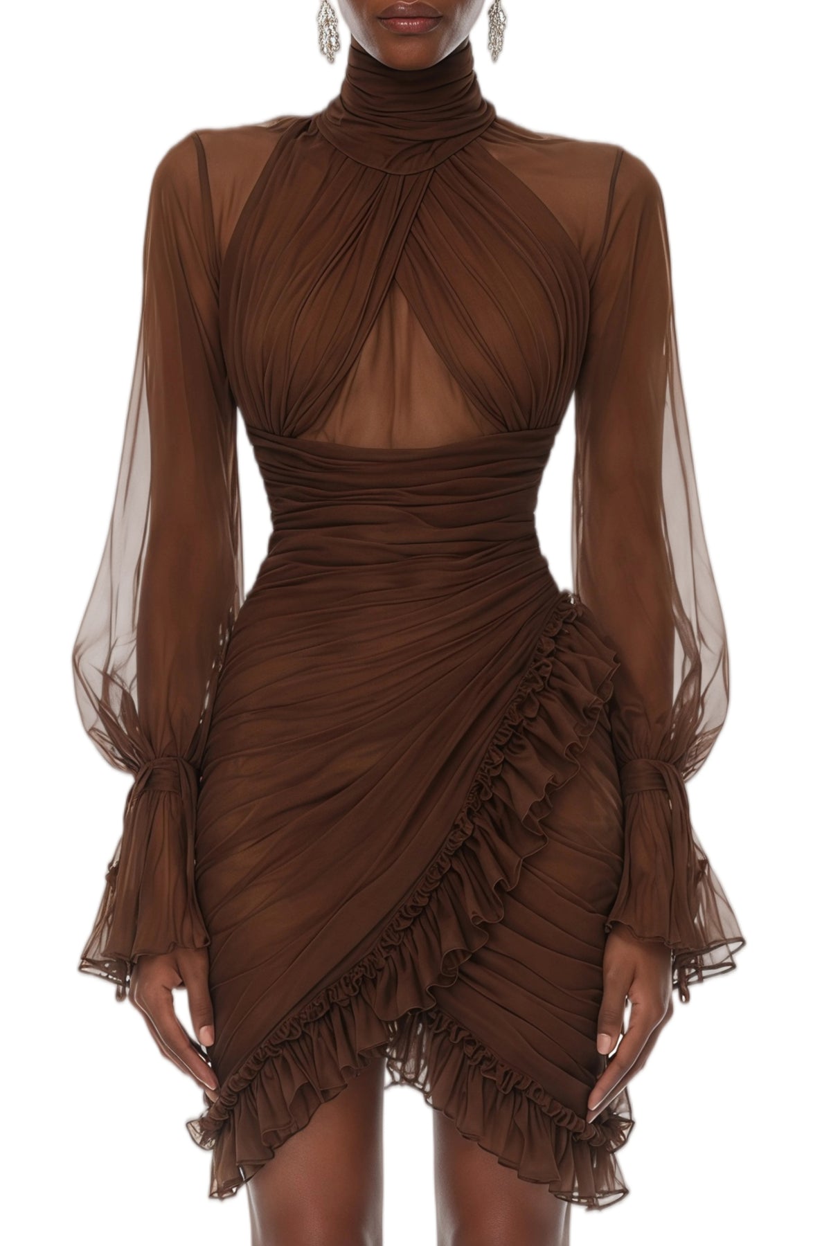 Maelys Brown Asymmetrical Ruched Mini Dress