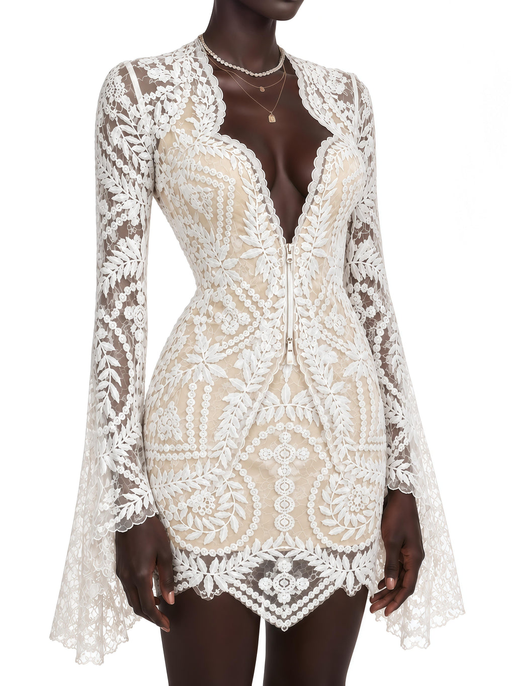 Emanuela White Lace Bell Sleeve Mini Dress