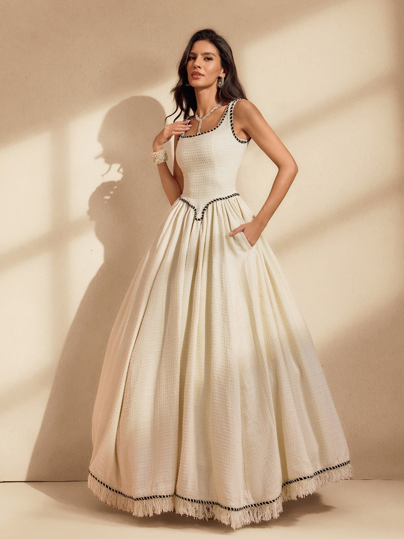 Raelyx Spaghetti Fringe Bubble Maxi Dress With Crinoline