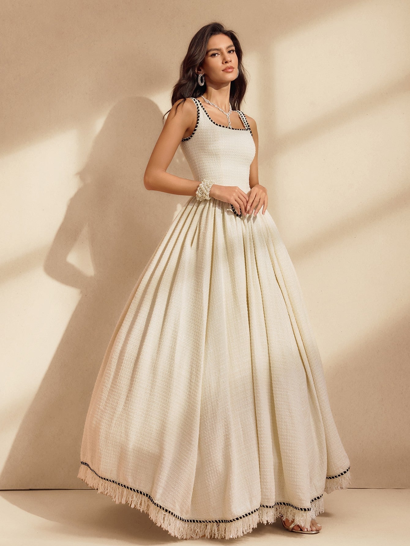 Raelyx Spaghetti Fringe Bubble Maxi Dress With Crinoline