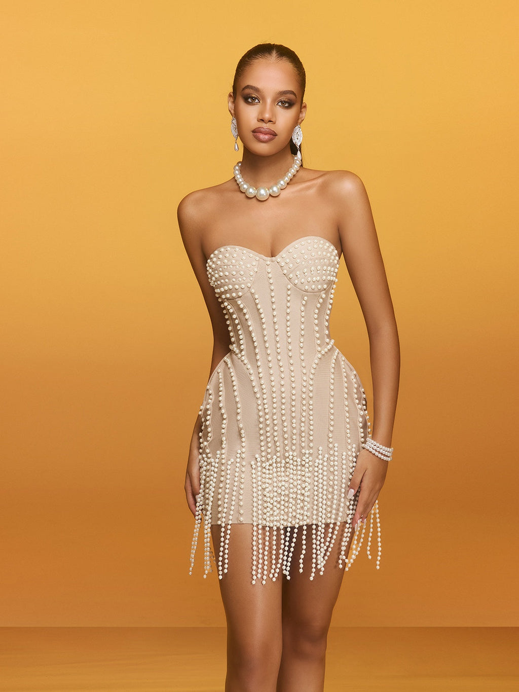 Reika Strapless Pearl Fringe Bandage Mini Dress