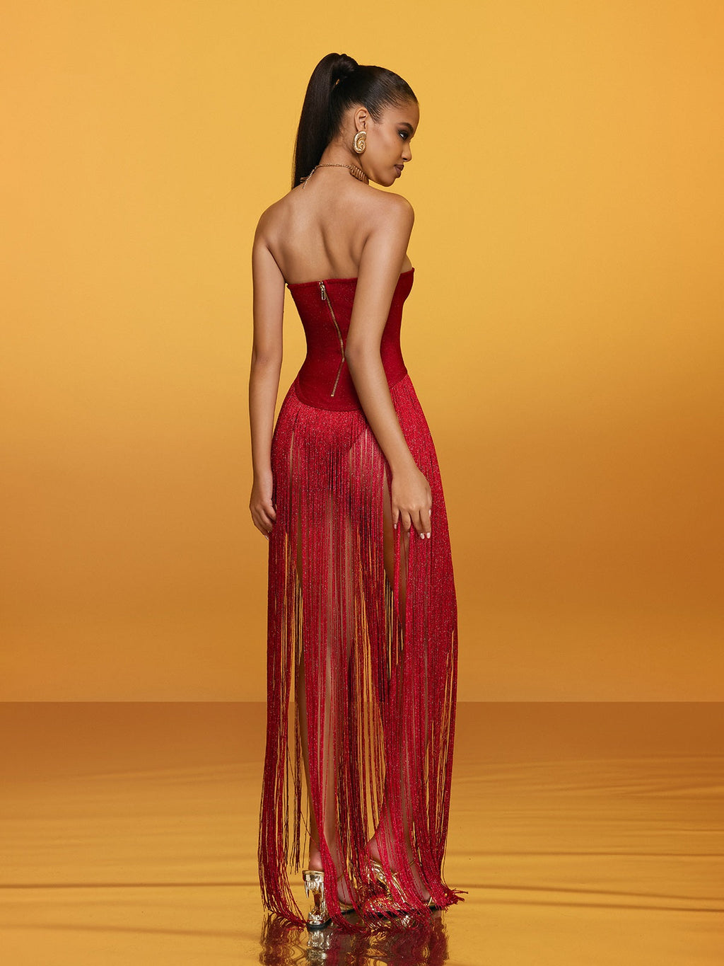 Rendor Strapless Fringe Bandage Maxi Dress
