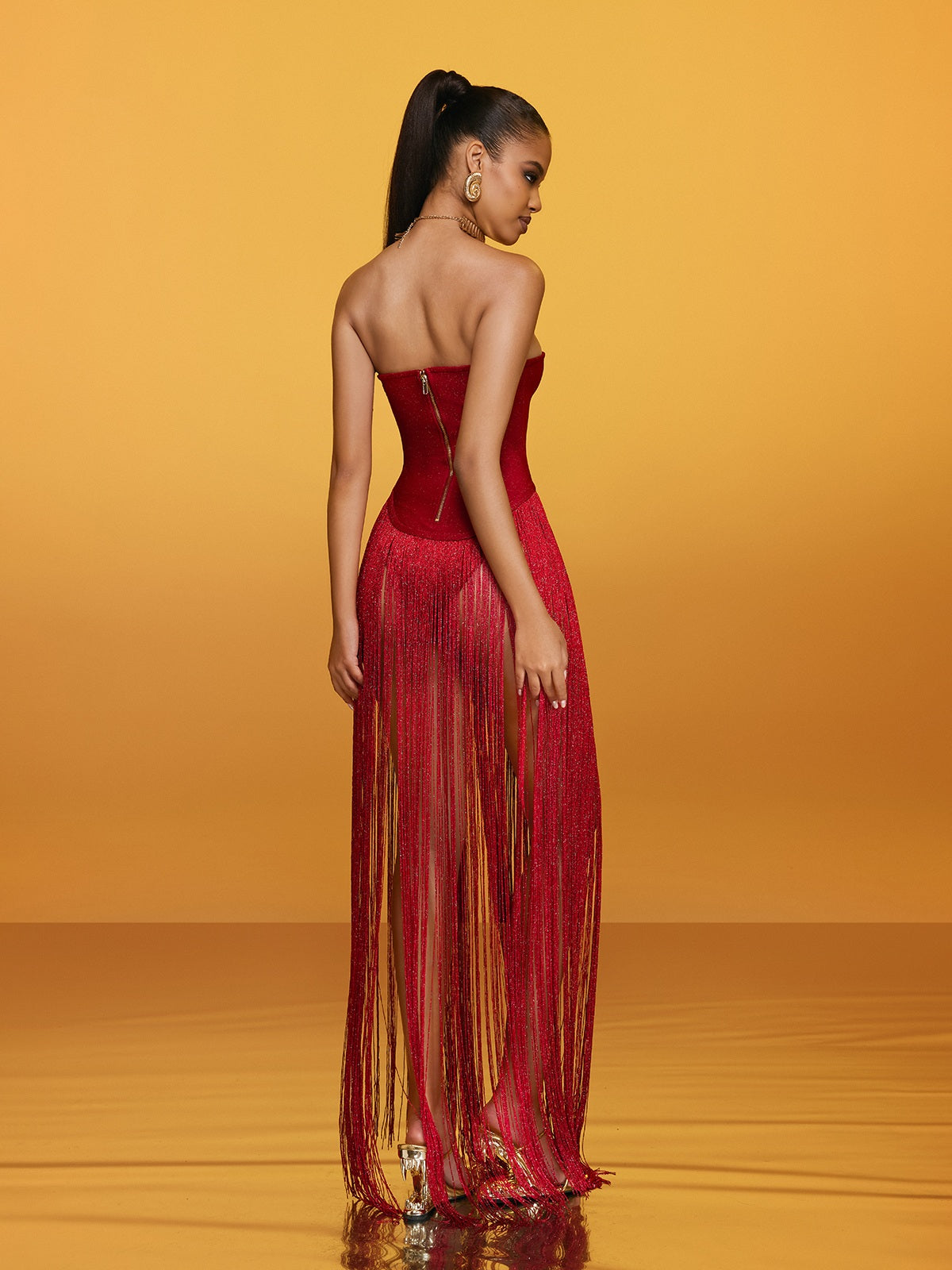 Rendor Strapless Fringe Bandage Maxi Dress