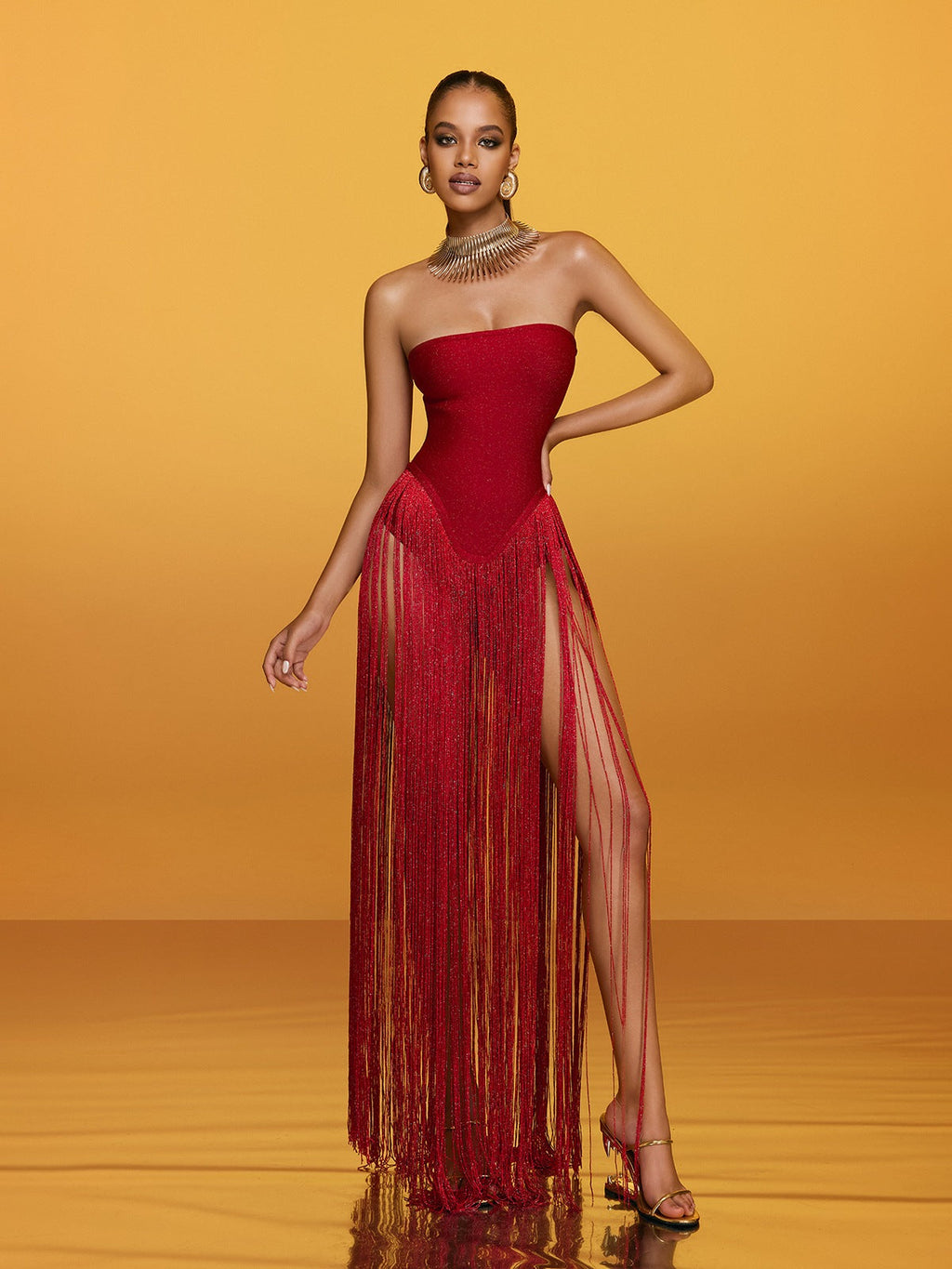 Rendor Strapless Fringe Bandage Maxi Dress