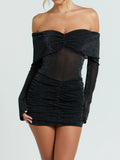 Glitter Tulle Off Shoulder Ruched Dress