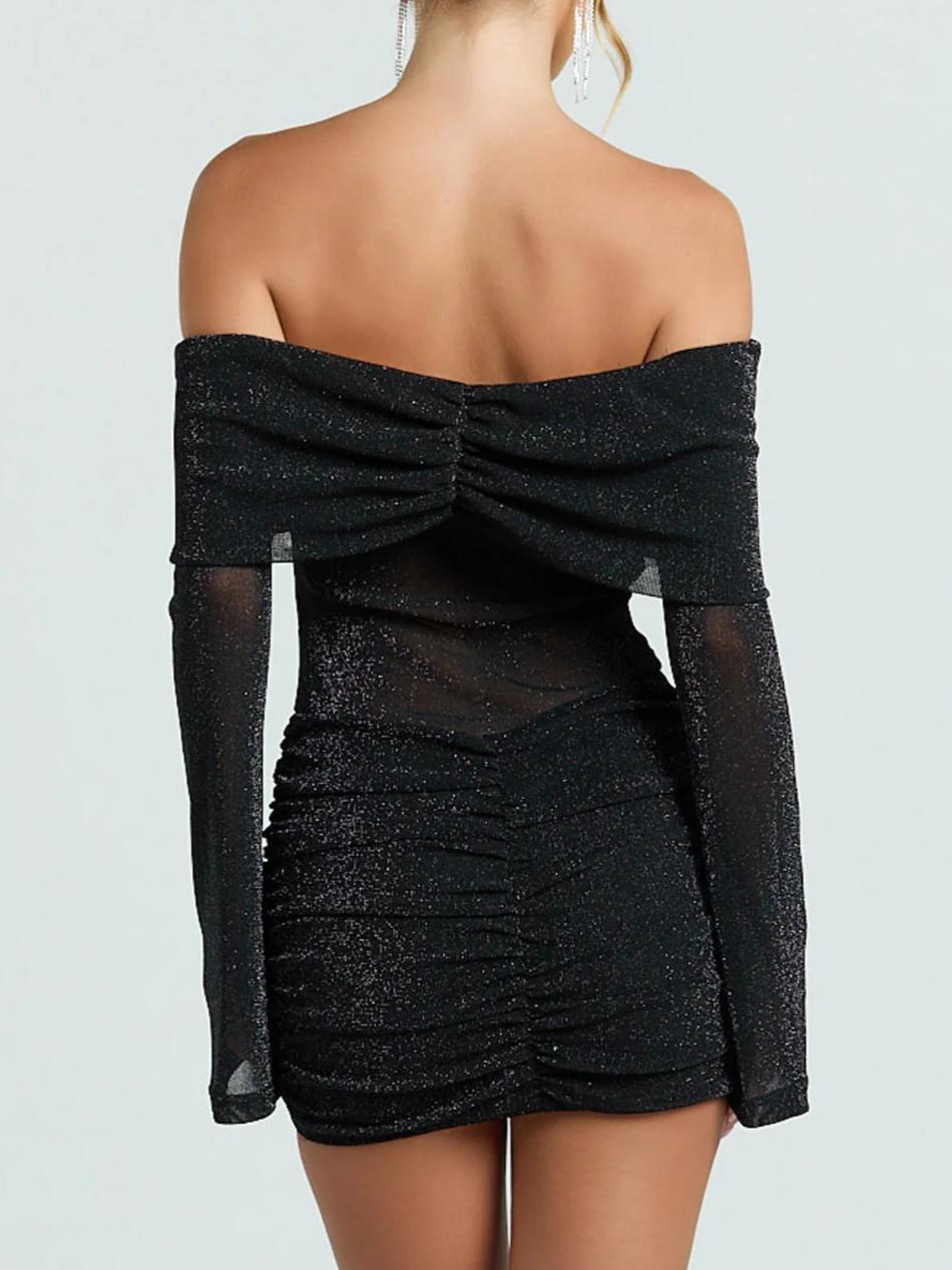 Glitter Tulle Off Shoulder Ruched Dress