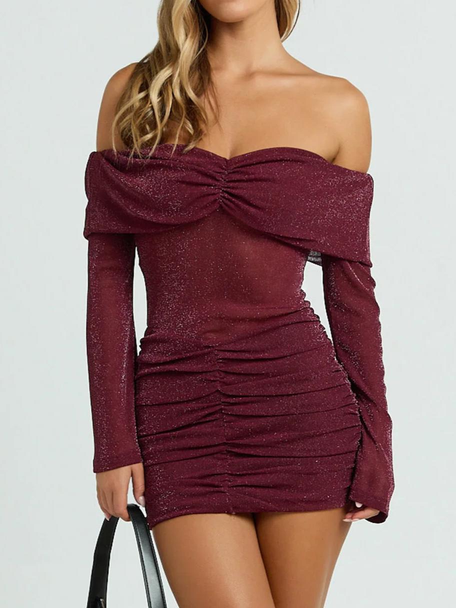 Glitter Tulle Off Shoulder Ruched Dress