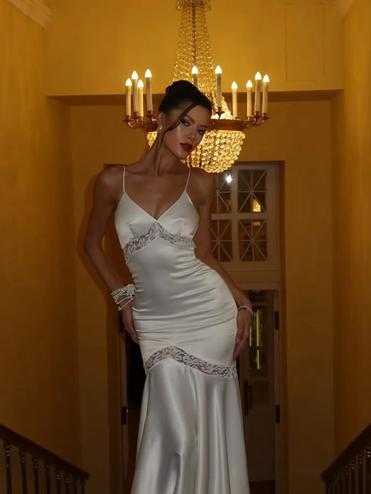 Banquet Elegant Luxurious White Lace Trim Satin Dress