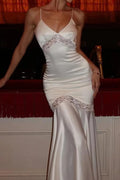 Banquet Elegant Luxurious White Lace Trim Satin Dress