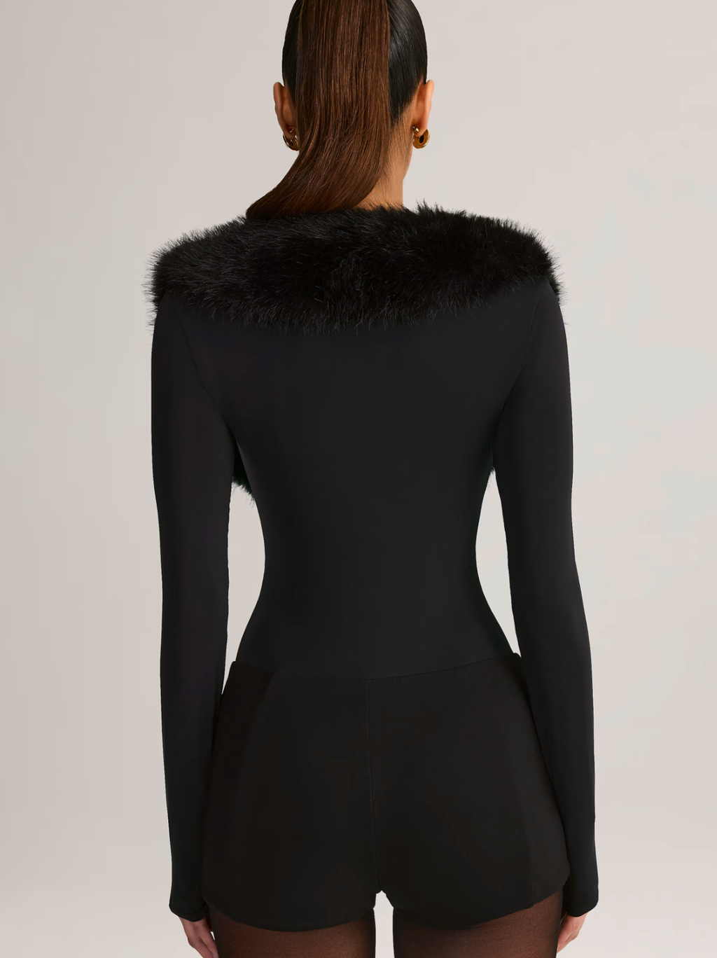 Faux Fur-Trim Playsuit in Black