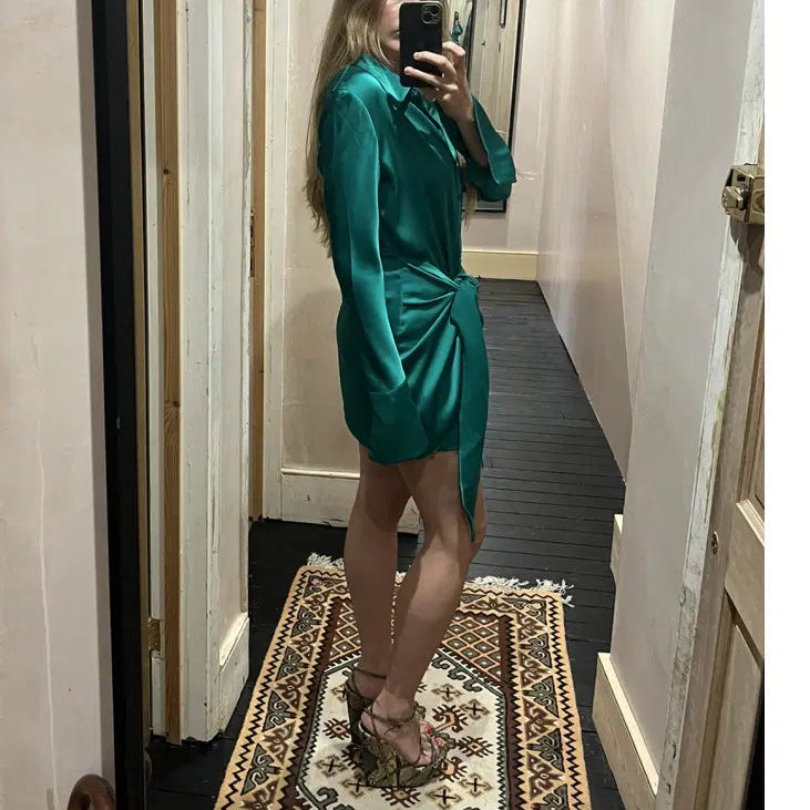 Emerald Satin Wrap Mini Dress