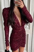 Sequin Ruched V Neck Mini Dress
