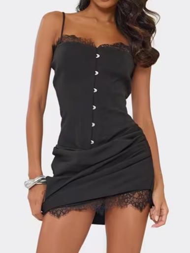 Strappy Corset Ruched Lace Trim Detail Mini Dress In Black