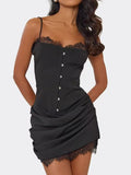 Strappy Corset Ruched Lace Trim Detail Mini Dress In Black