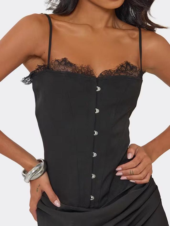 Strappy Corset Ruched Lace Trim Detail Mini Dress In Black