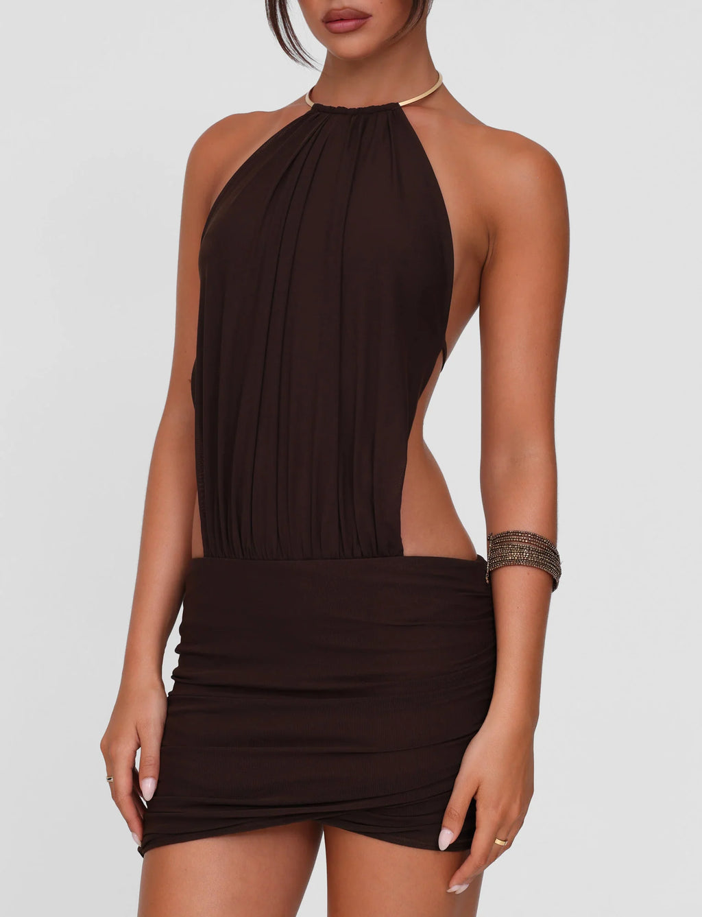 Elegant Halter Backless Ruched Mini Dress
