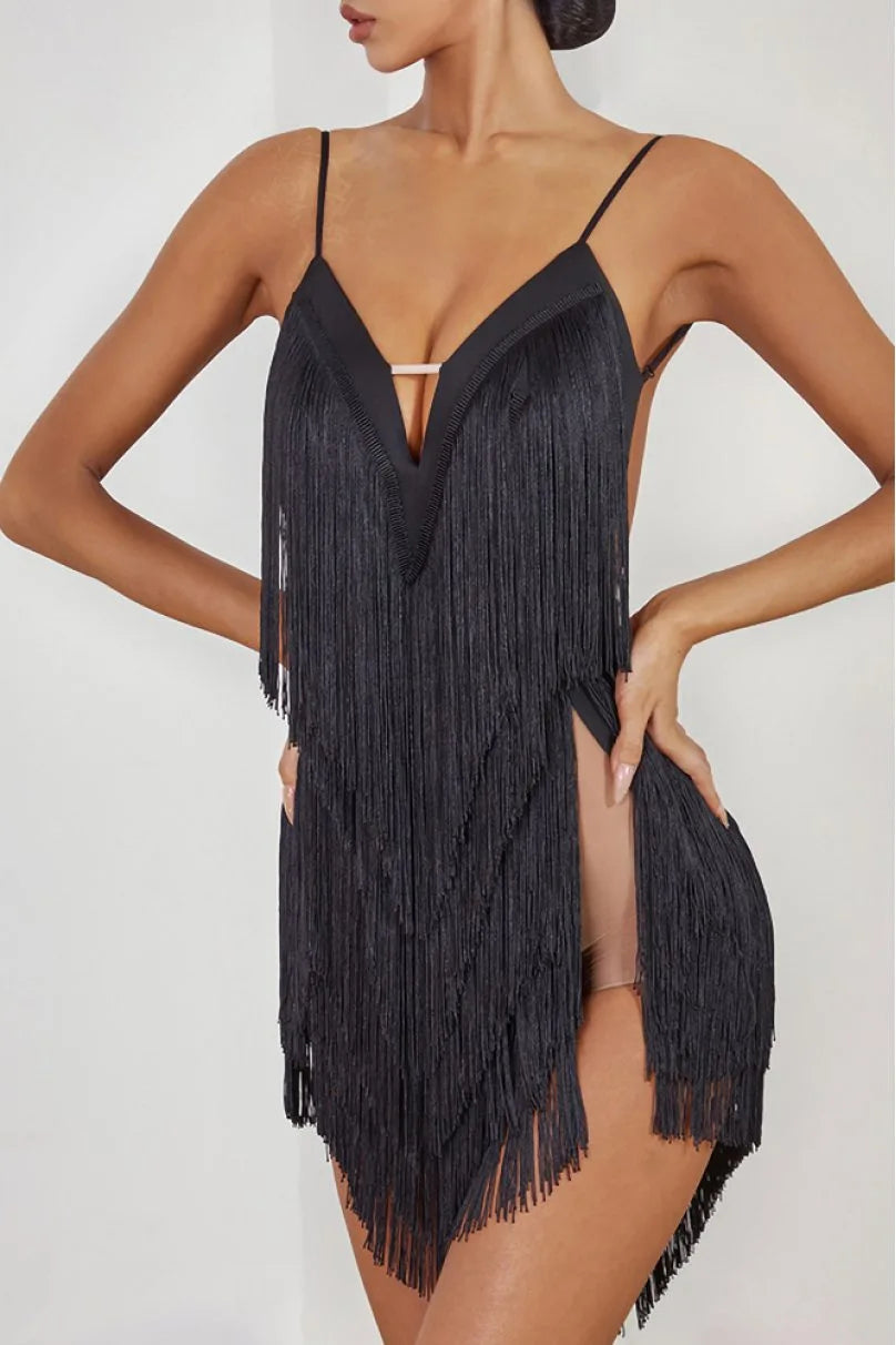 Plunge V Layered Fringe Mini Dress