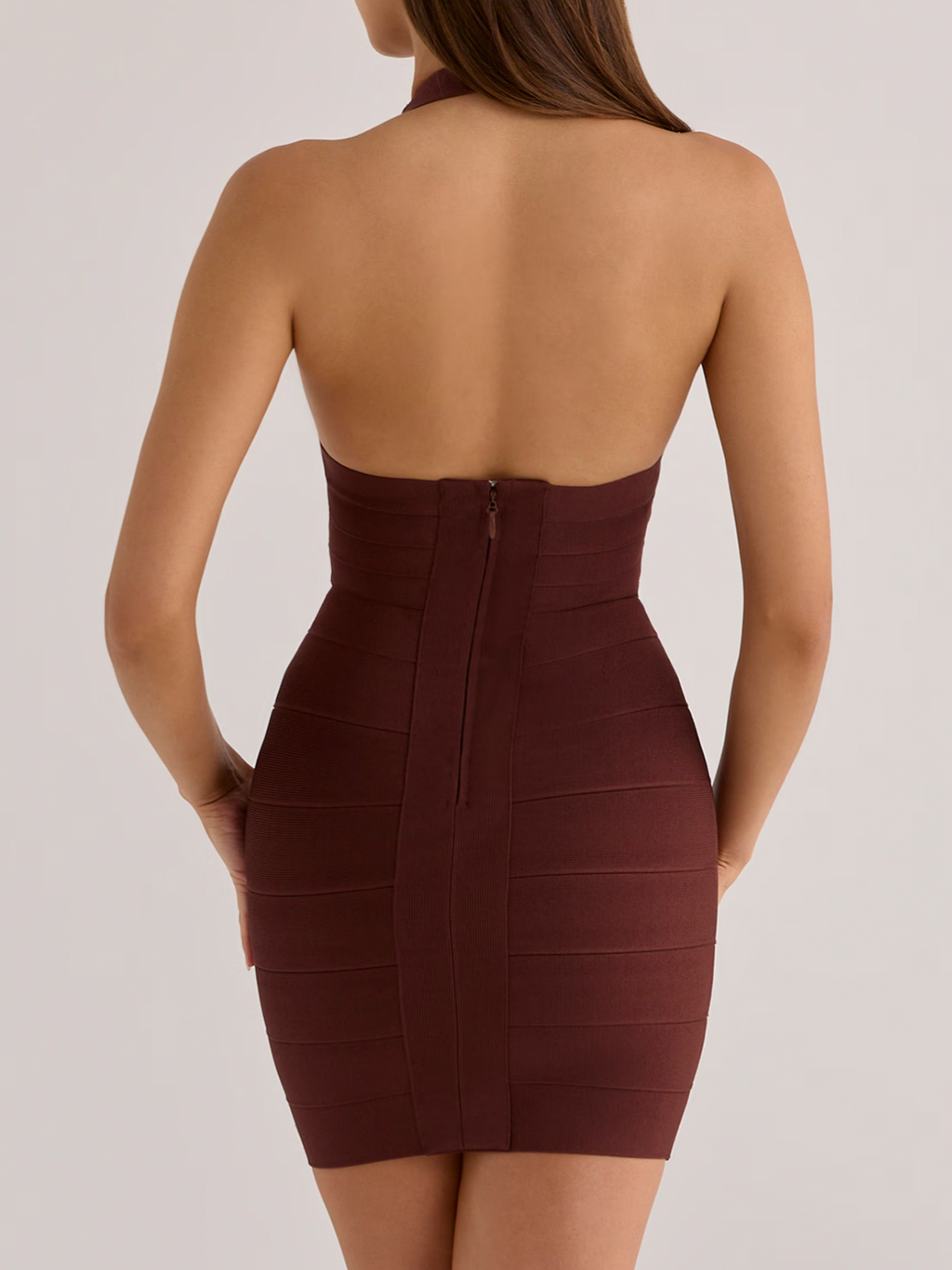 Burnt Sugar Deep V Halter Mini Bandage Dress