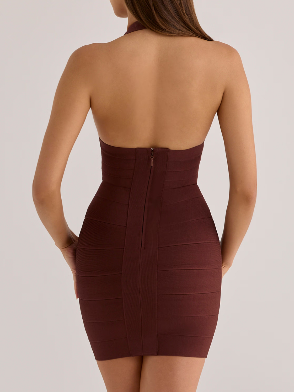 Burnt Sugar Deep V Halter Mini Bandage Dress
