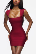 Burgundy Cap Sleeve Bandage Mini Dress
