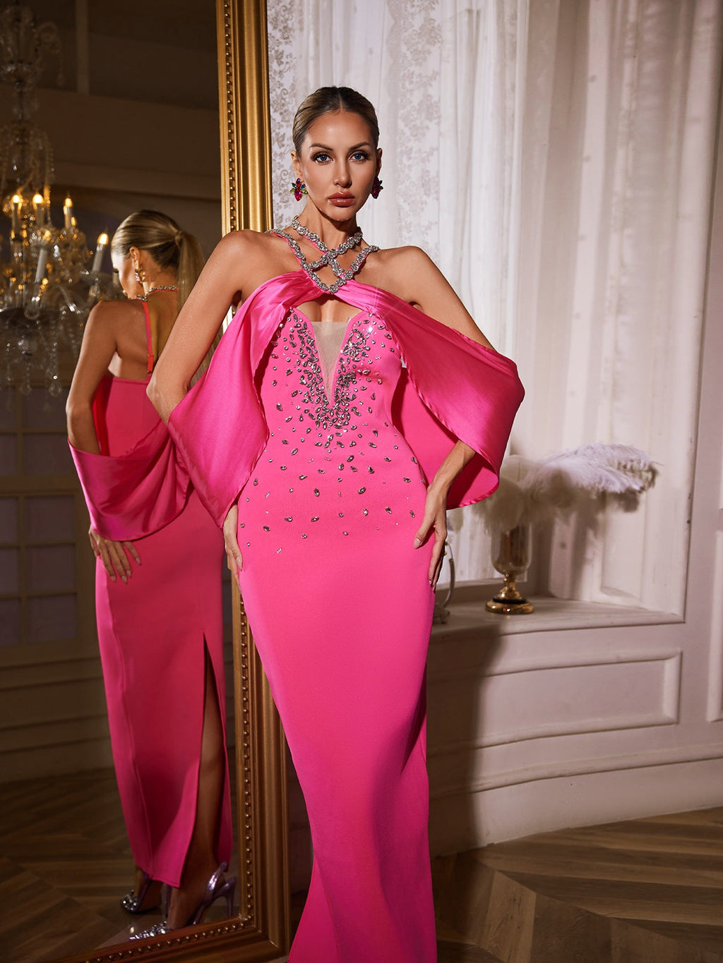 Uaelyth Halterneck Rhinestone Bandage Maxi Dress In Pink